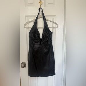 Babyboo Fashion Black Halter Leather Mini Dress
